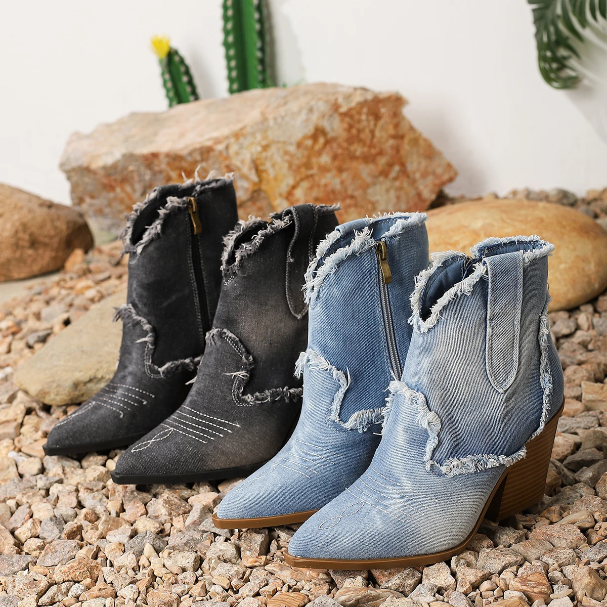 Womens western denim heeled ankle boots rubber waterproof sole stylish vintage fabric upper 250117