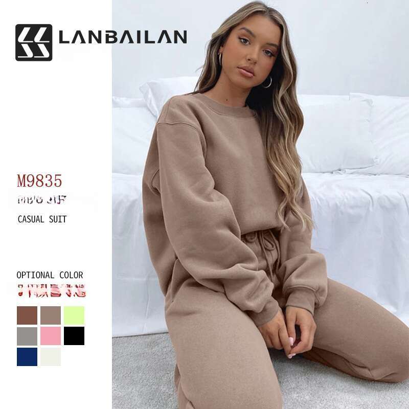 European American autumn and winter solid color round neck pullover pants women's fashion casual long sleeved sweatshirt set 2025 temperament ver