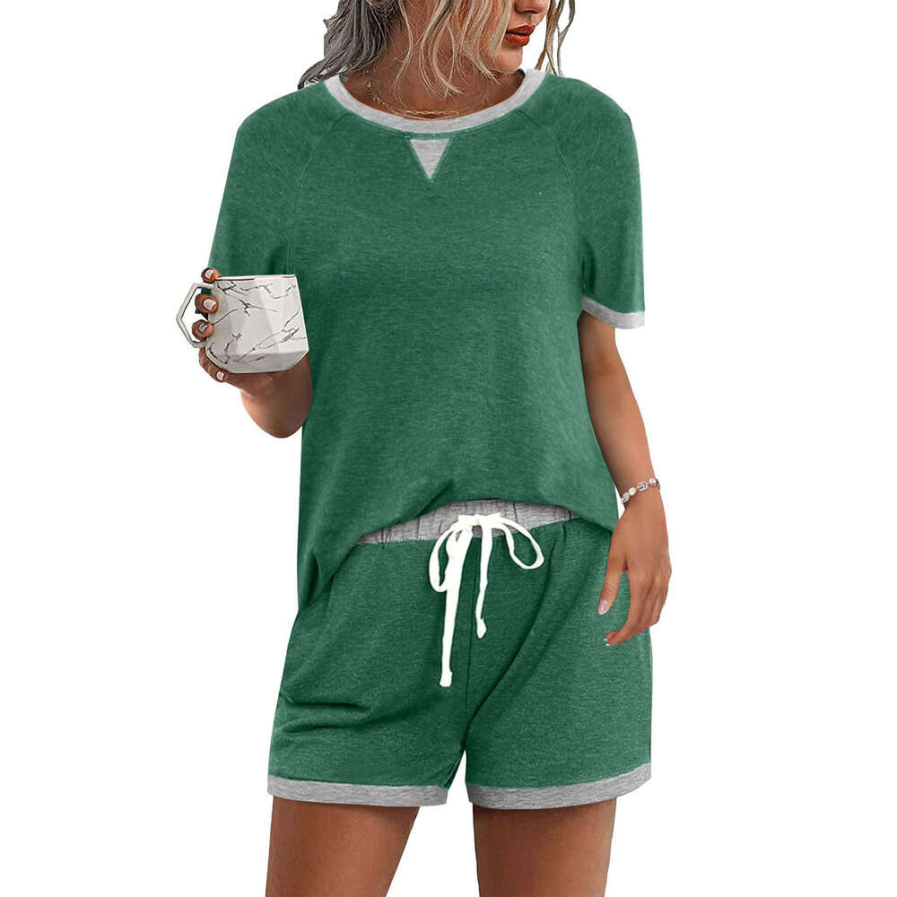 2025 Spring/Summer European and American Women's Comfortable Color blocked T-shirt Top Shorts Two piece Set New Casual Versatile Fashion Clothing