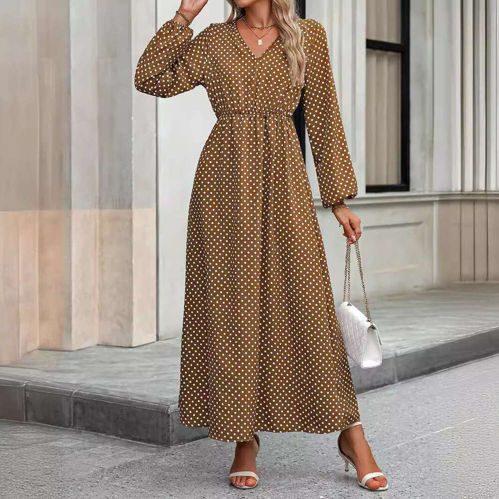 European American autumn women's V-neck waist cinched printed long sleeved dress, 2025 new style, chic and elegant clothing