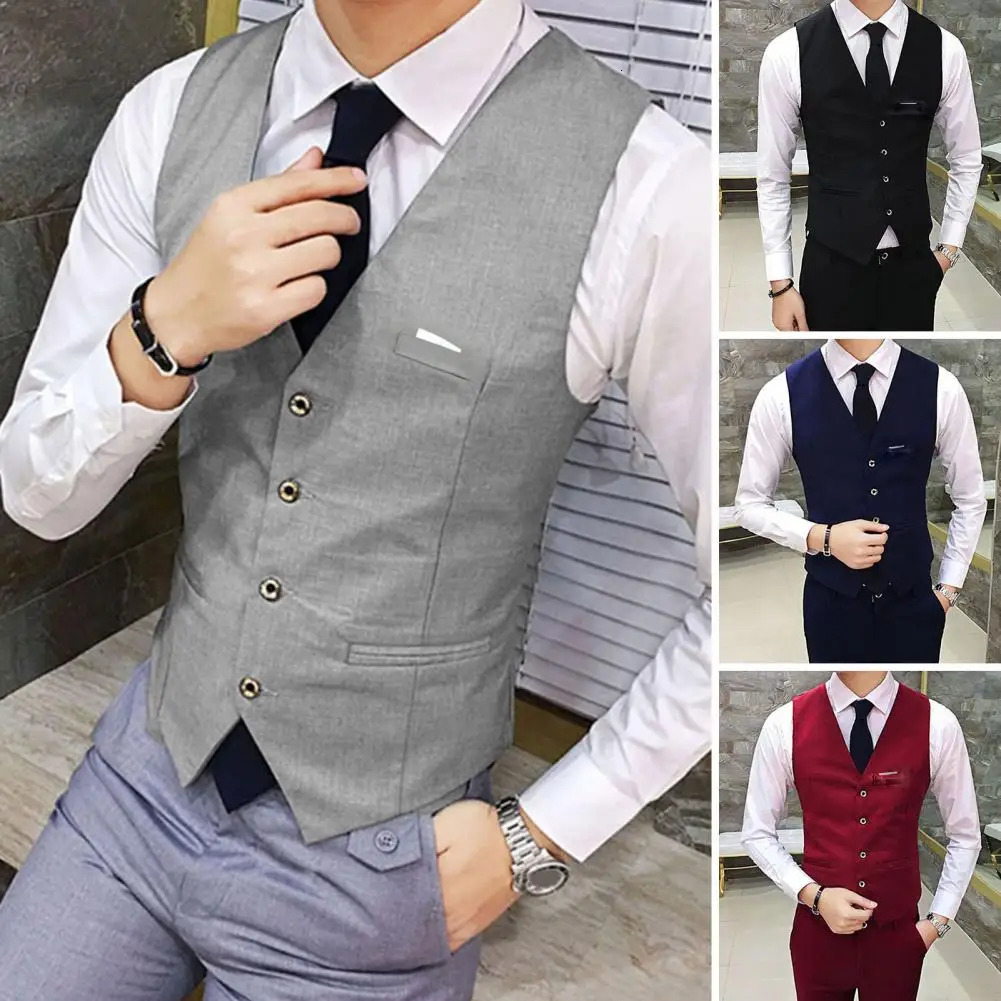 Men Suit Vest V Neck Sleeveless Solid Color Waistcoat Slim Fit Singlebreasted Cardigan Formal Business Coat Groom Wedding 250114Z