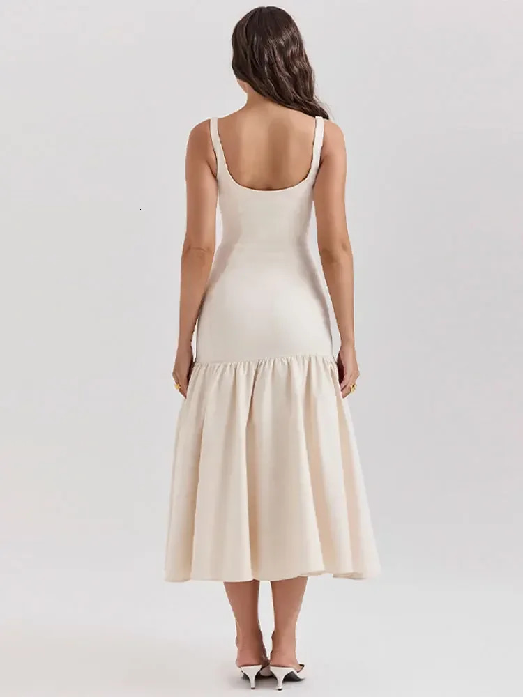 Summer Women Ruffles Suspenders Dress Slim Solid Square Collar Sleeveless Vestidos Spring Fashion Female Party Robes 250109