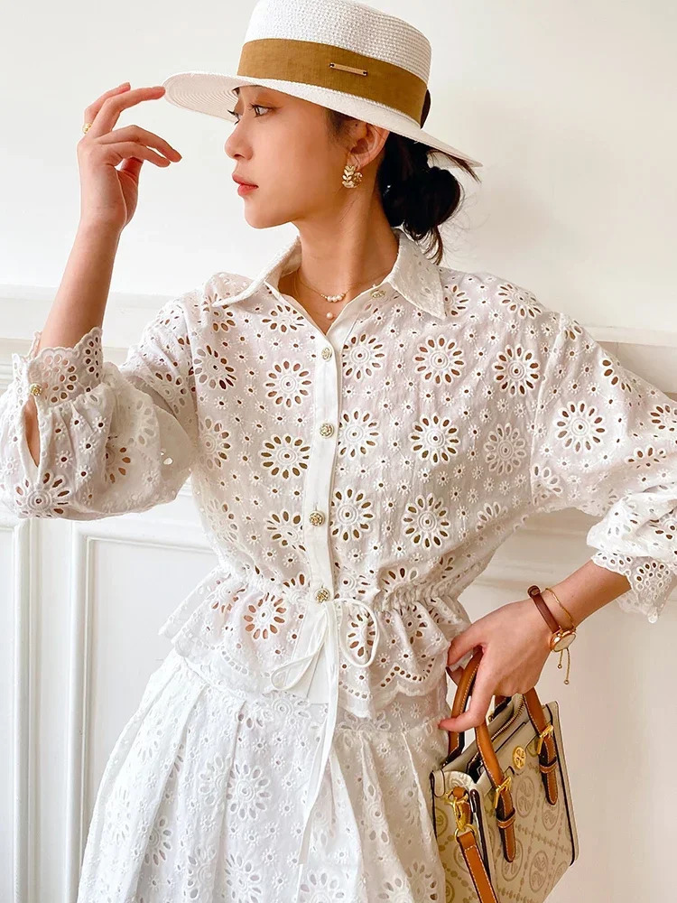 GypsyLady White Elegant Chic Dress Set Cotton Bohemian Shirt Long Skrit Summer Womens Holiday Chic 2-piece Set 250110