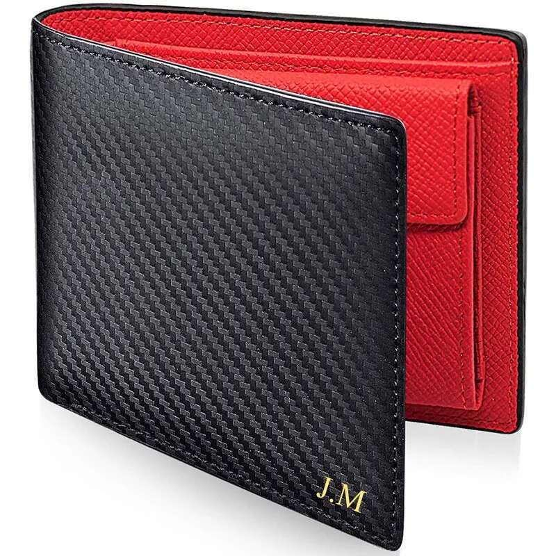 Personalized Customization Of Letters Men's Genuine Leather Carbon Fiber Short Double Fold Lightweight Multi Card Wallet