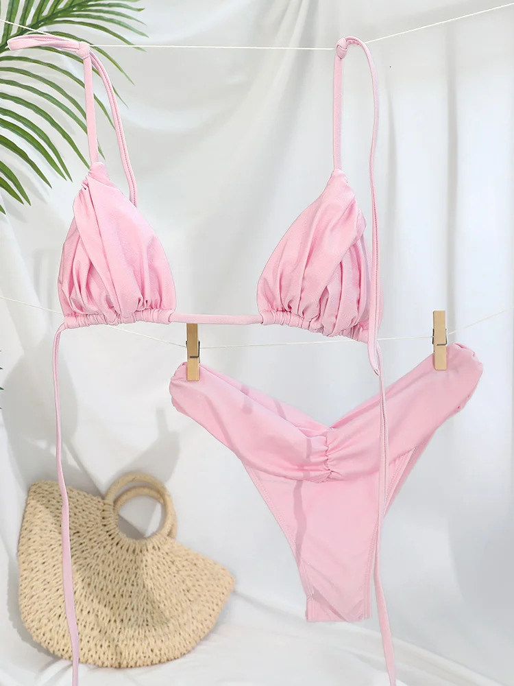 Pleated Brazilian Folds Bikini Set Sexy Micro Bikinis Women Swimsuit Female Triangle Swimwear Beach Wear Bathing Suit 250117