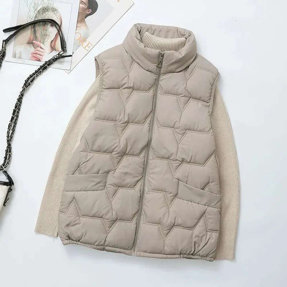 Down Vest Jackets For Women New Autumn Winter Ultra Light Stand Collar Beige Sleeveles Cotton Coat Parka Ladies Warm Waistcoat