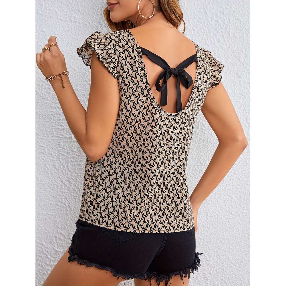 European American Spring Autumn women's autumn and winter full page printed lace up ruffle edge trimmed shirt 2025 new casual versatile fashion c