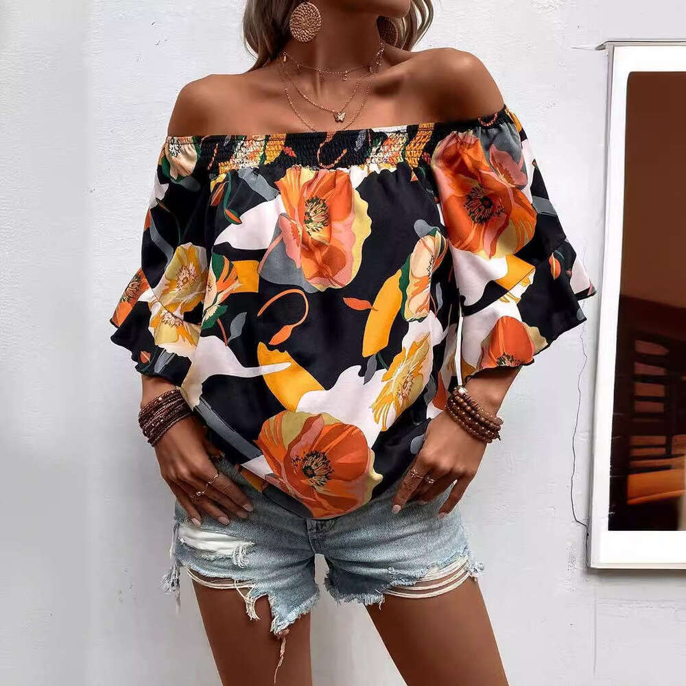 European American fashion hot summer collection with ral print one shoulder short sleeved women's ing 2025 new style chic and elegant clothing