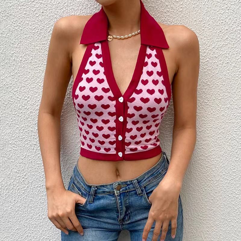 Women's Clothing Retro Holiday Style Love Print Halter Neck Camisole Versatile Slim Hot Girl Top