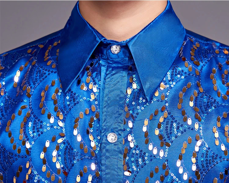 Sparkling Royal Blue sequined satin mens dress long sleeved slim fit sparkling nightclub shirt mens party stage dance choir chemistry 250110