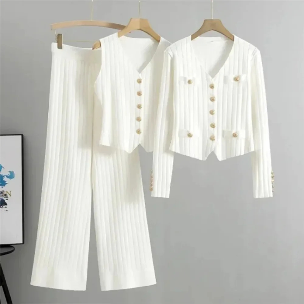 Fashion 3 Piece Set Women Sexy Vest Long Sleeve Zipper Cardigan Elastic Waist Wide Leg Pants Tracksuit Knitted Suit 250109