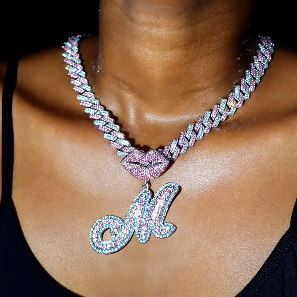 Fashion Pink Cuban Chain Miniature Water Diamond Shop Mouth Curved Letter Pendant Necklace 14mm Prong Cuban Necklace Jewelry Gift 250109