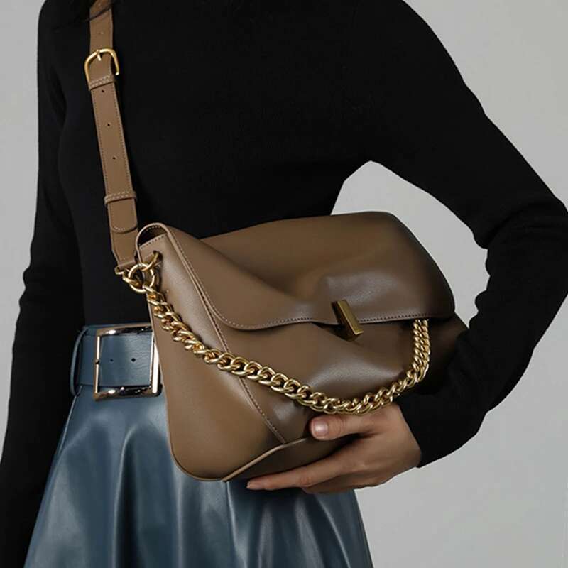 Genuine Leather Chain Shoulder hot Bag for Women - Designer Square Crossbody Purse, Satchel Handbag