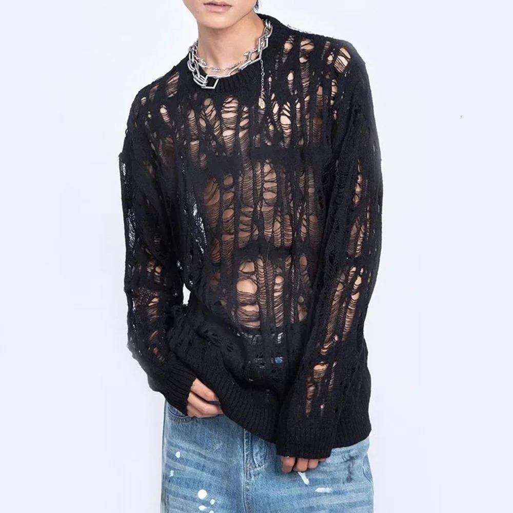 Men Sweater Harajuku Perspective Destructed Hollow Hold Pullover Tops Autumn Streetwear Fashion Trendy Daily Unisex 2024 250114