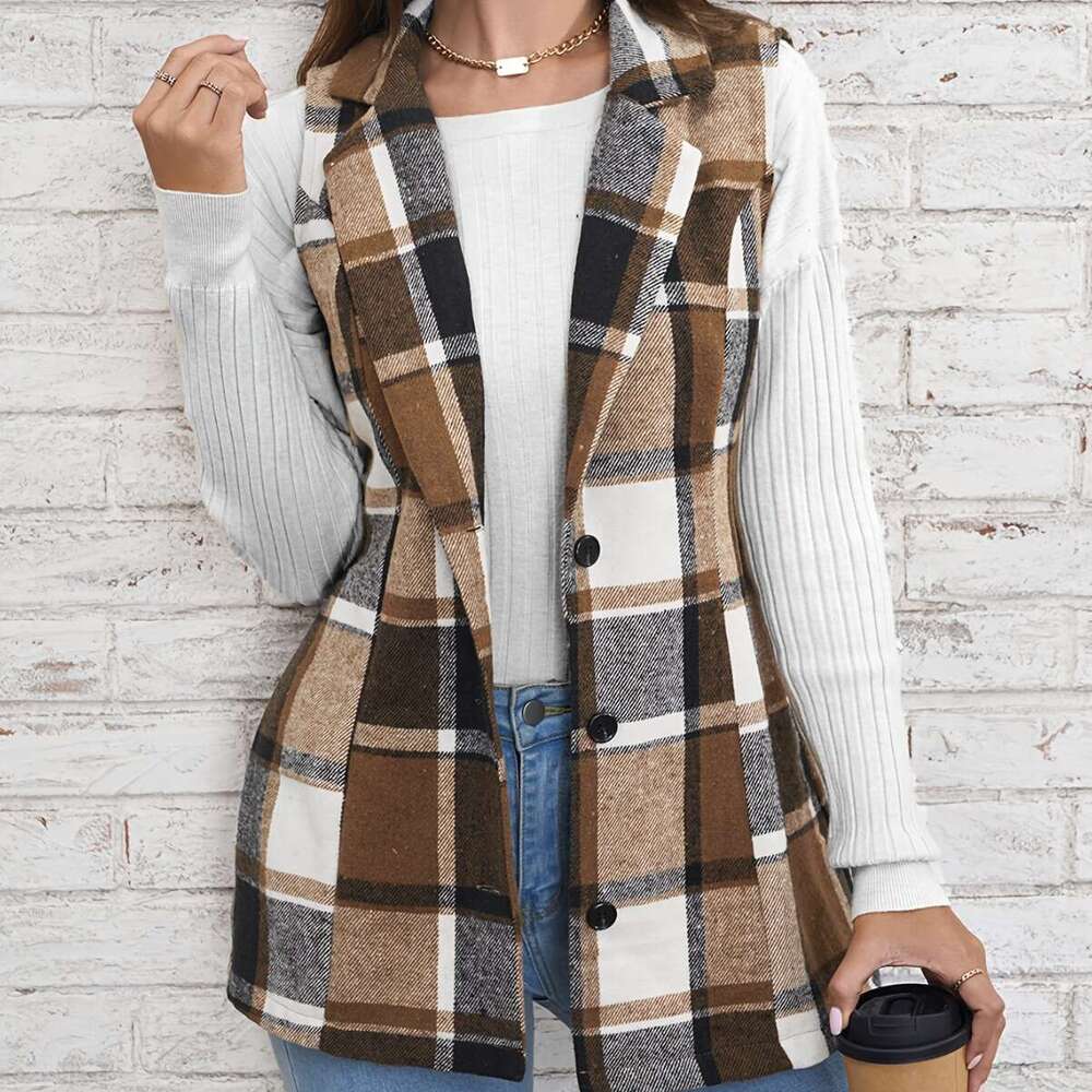 Spring Autumn Winter Top European American Fashion Women's Wear Collar Suit Vest Checkered Coat 2025 New Style Unique and Elegant Clothing