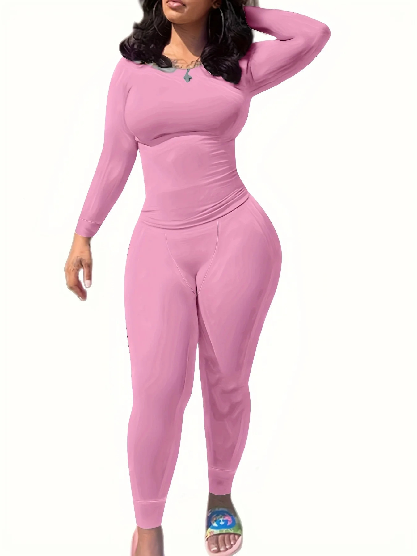 2pcs Solid Color Yoga Workout Set Long Sleeve Round Neck Top High Stretch Running Sports Leggings Suit Womens Activewear 250109