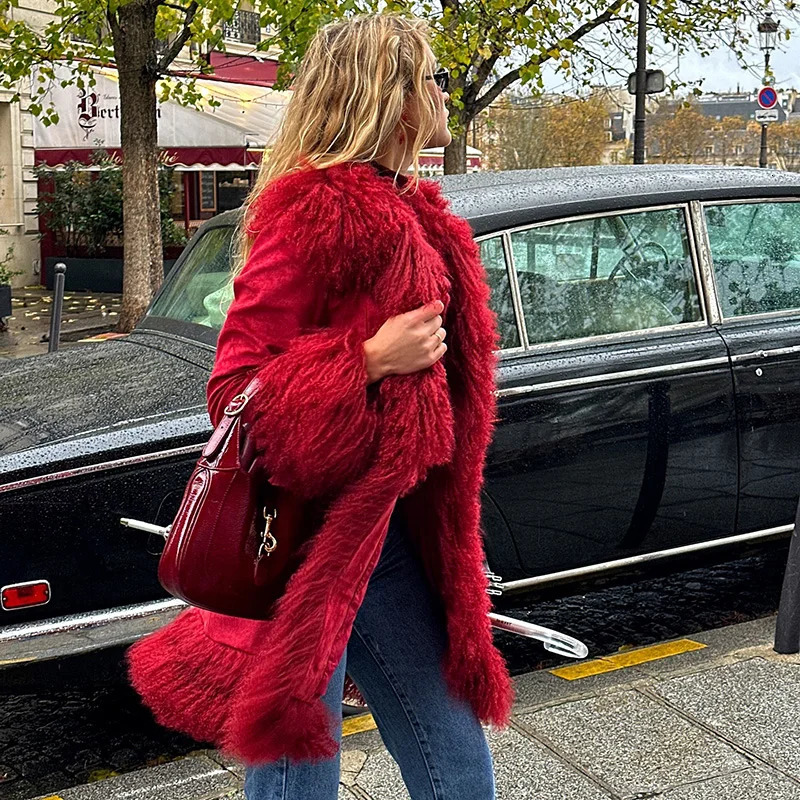 Elegant Burgundy Women Coat Lapel Long Sleeve Fur Cuff Spliced Jacket Single Breasted Coats Lady Streetwear Outerwear 250113Z