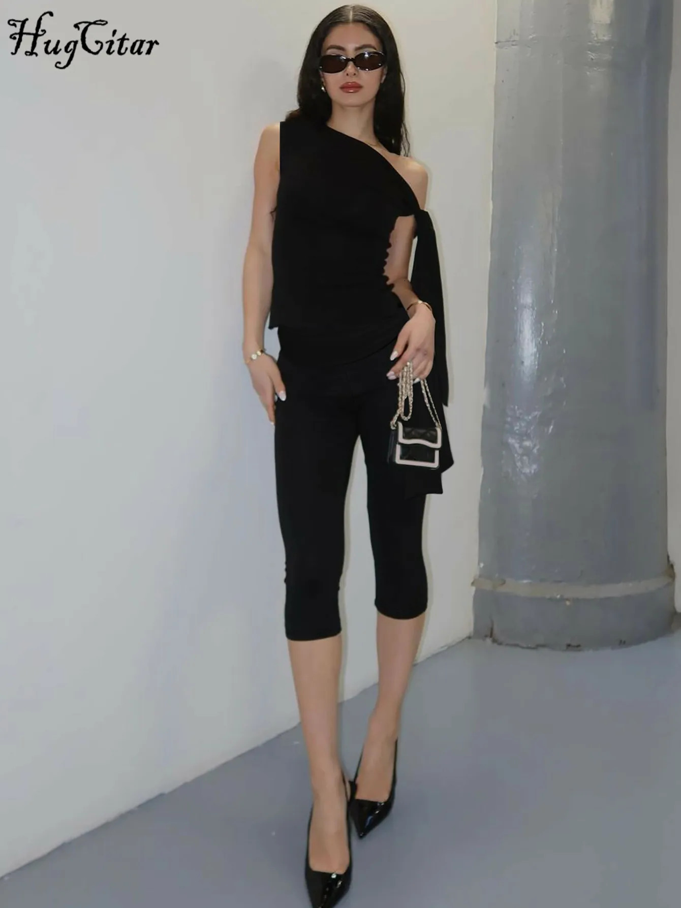 Hugcitar Fashion 2 Pcs Sets Solid One Shoulder Sleeveless Draped Sexy Top Knee Length Pant Y2K Outfits Festival Party 250109