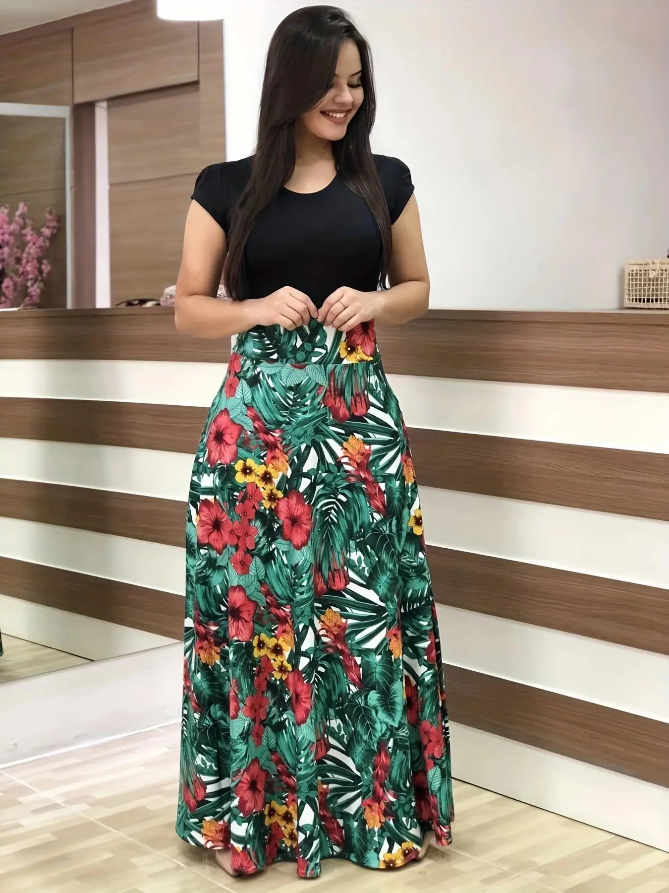 European and American style flower print color matching short sleeved dress for womens large swing skirt 250117