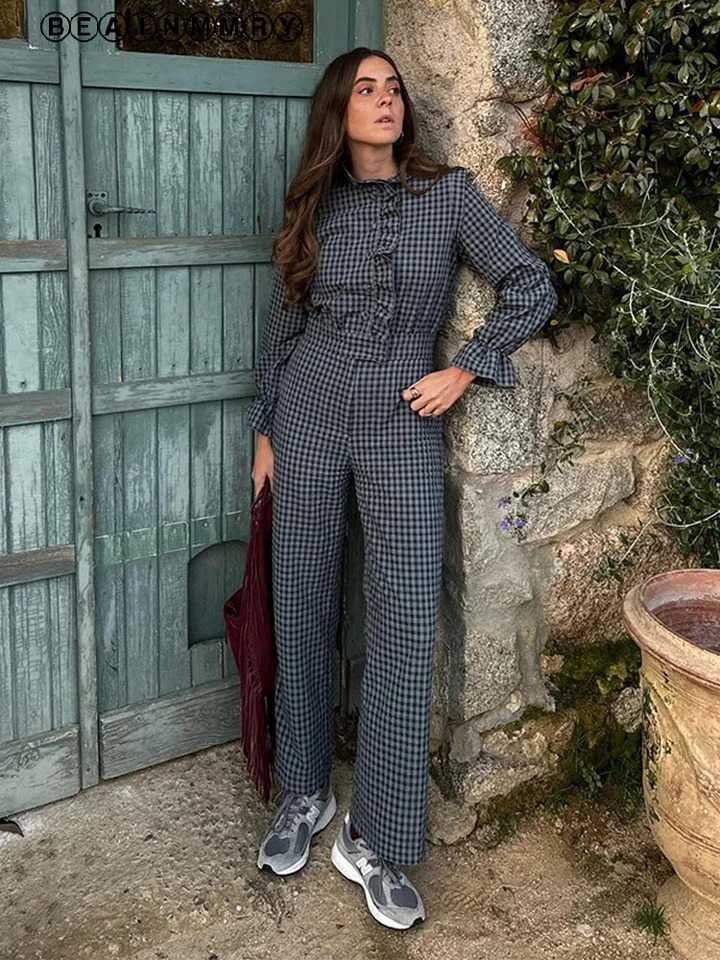 Vintage Plaid Ruffle Hem Button Jumpsuits Females Bevel Buckle Stand Neck Full Sleeve Top Suits Fashion Commute Wears 250107