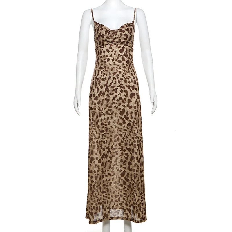 Ladies Vintage Leopard Print Women Sexy Spaghetti Strap Summer Dress Chic Swing Collar Backless Party Club Long Dresses Female 250117