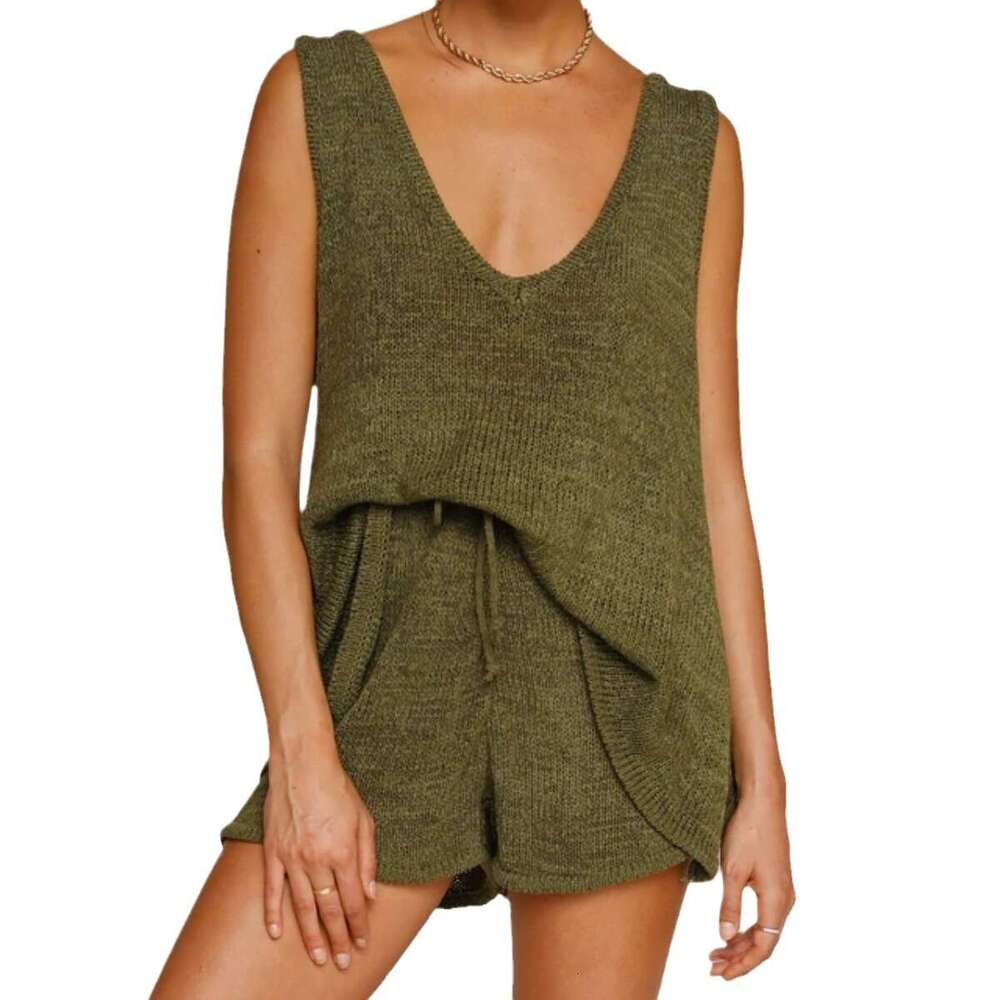Hot selg 2025 summer deep V-neck vest tied rope knitted women's sweater two-piece set new casual fashion trend clothing