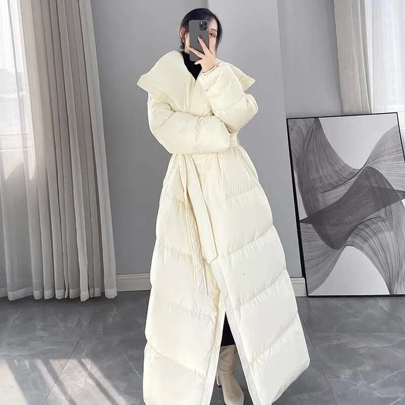 Winter New Fashionable Women Coat Long Large Lapel Slim Fit Lace Up Commuting White Duck Down Jacket