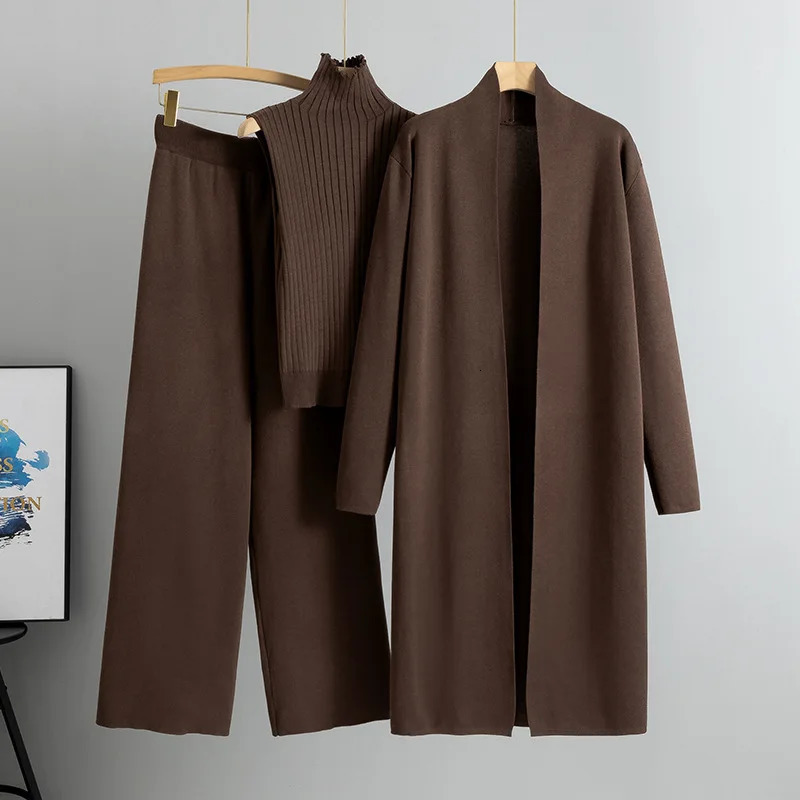 2024 Autumn 3 Piece Women Cardigan Tracksuits Fashion Knitted Pant Set Winter Ladies Solid Sweater Suit Vintage A8 250109