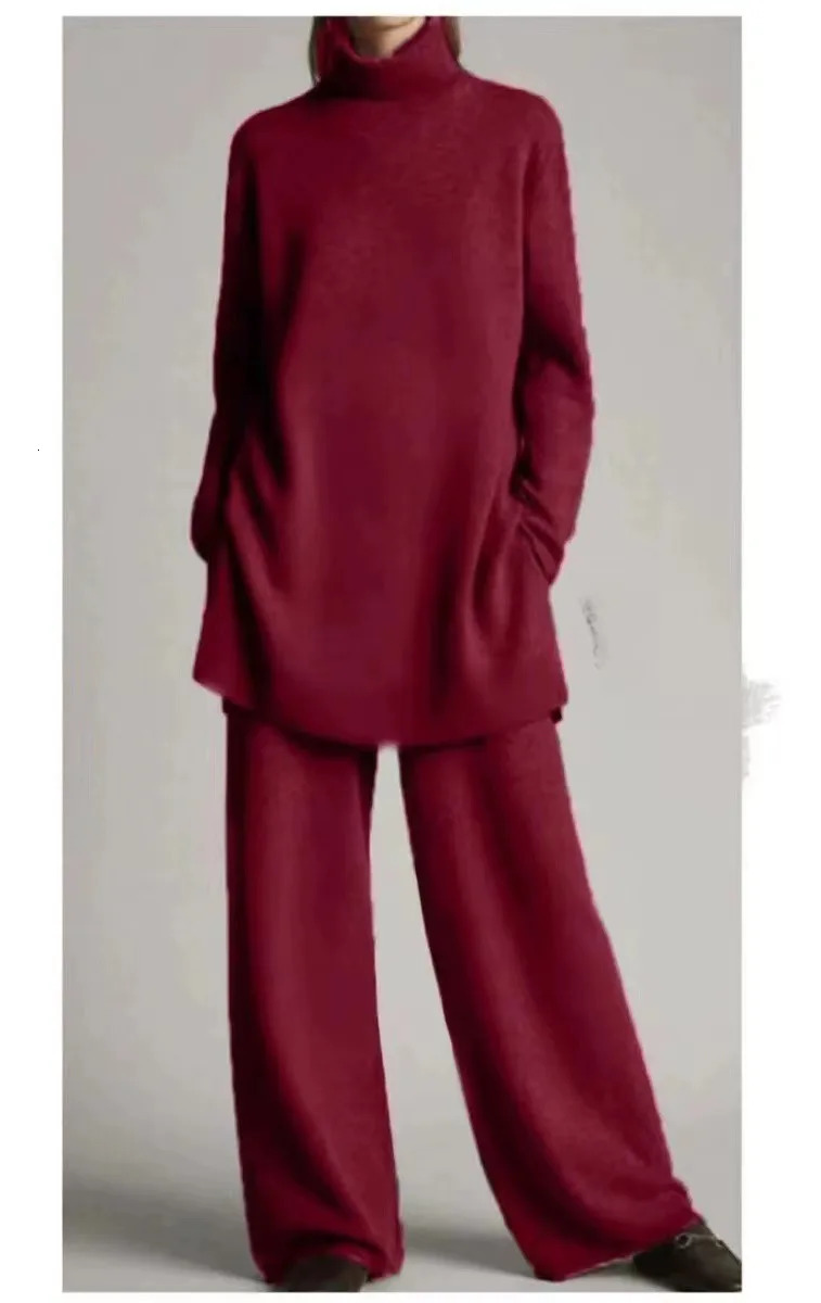 Thin spring Solid Color long Pants Set Loose Turtleneck Pullover Wide Legs Trousers Two Piece Female Casual Suit 250109