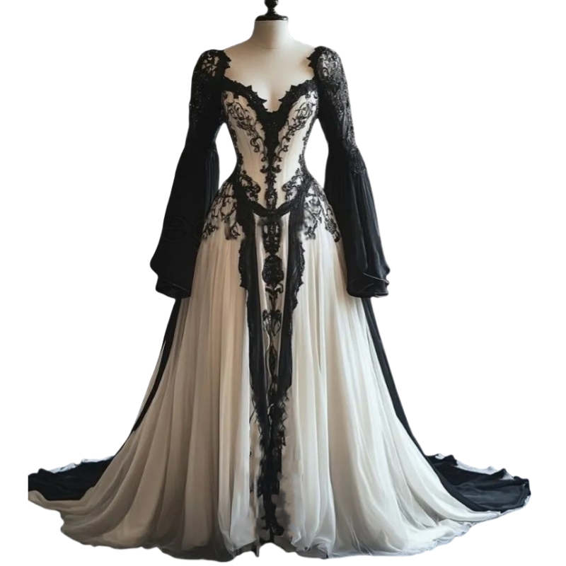 Gothic Black And White Wedding Dresses Flare Long Sleeves Vintage Bridal Gowns Lace Appliques Court Train Vestido De Novia 2025