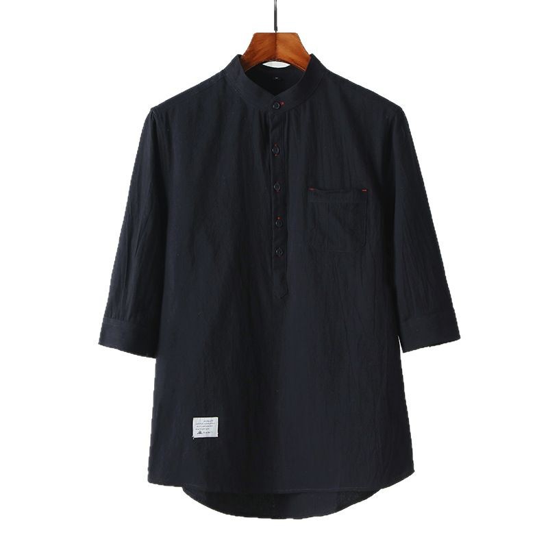 L65 Spring and summer new style stand-up collar pure cotton linen henley shirt three-quarter sleeve casual loose pullover T-shirt
