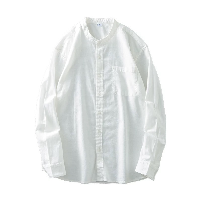 D195 New Stand Collar Shirt Amazon Long Sleeve Cotton Men's Casual Imitation Linen Shirt Men's Trend