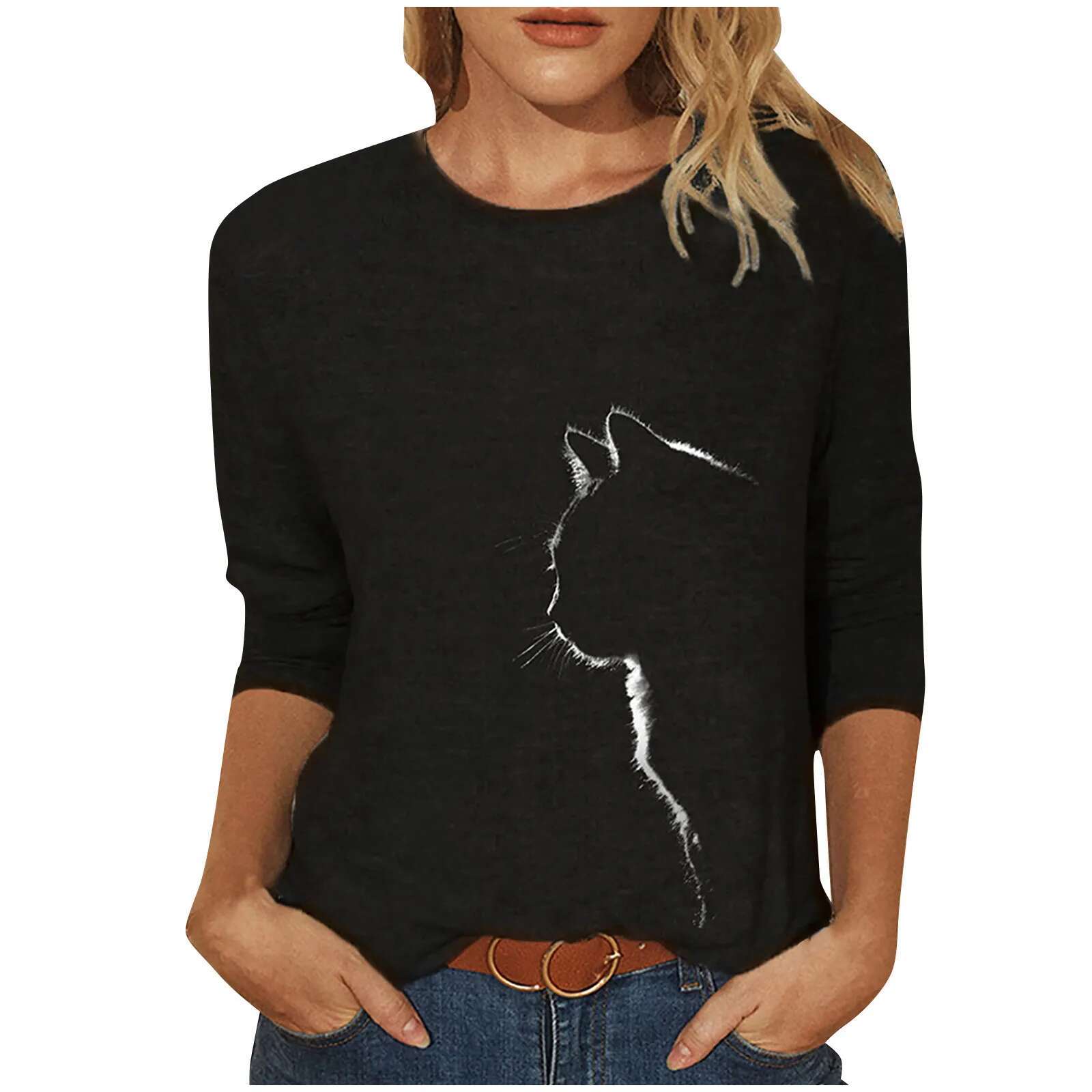 Autumn And Winter Loose Cat Print Casual Long Sleeved T-shirt Top Women's Shirt 2025 Women's Summer Top Designer T-shirt