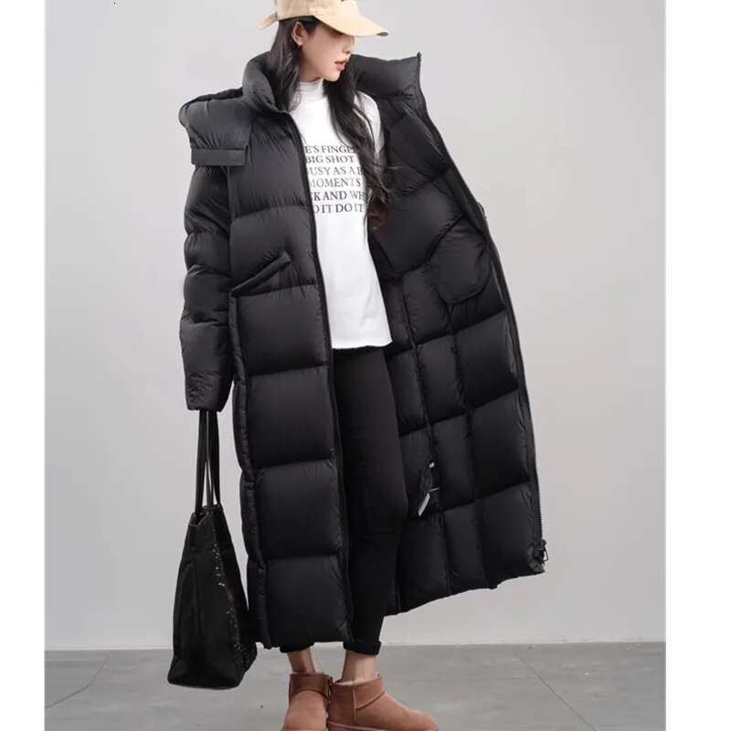 2025 New Winter Long White Goose Down Coat Women's Black Thicken Puff Loose Fluffy Jacket Female Hooded Warm Parka Down Overcoat
