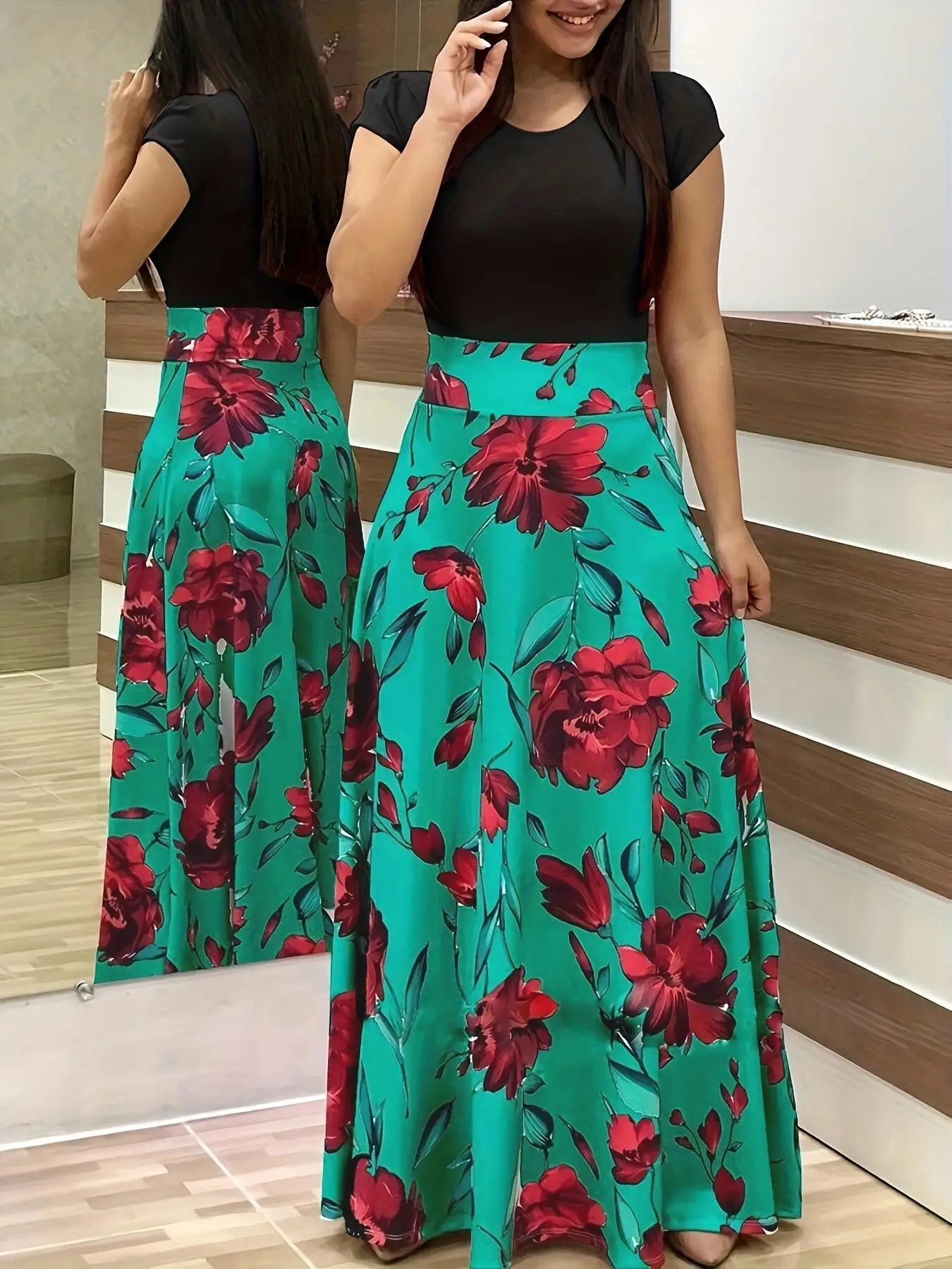 European and American style flower print color matching short sleeved dress for womens large swing skirt 250117