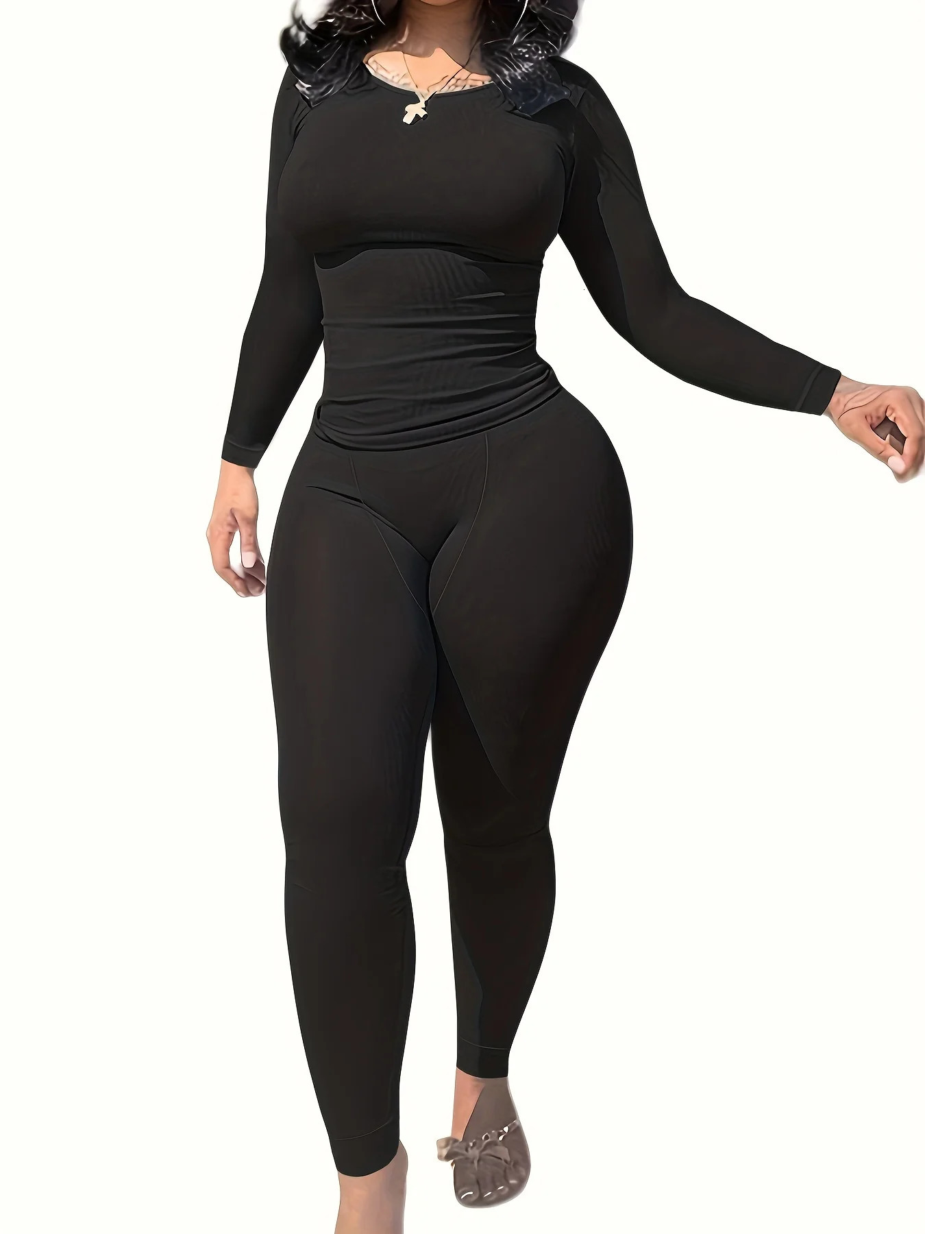 2pcs Solid Color Yoga Workout Set Long Sleeve Round Neck Top High Stretch Running Sports Leggings Suit Womens Activewear 250109