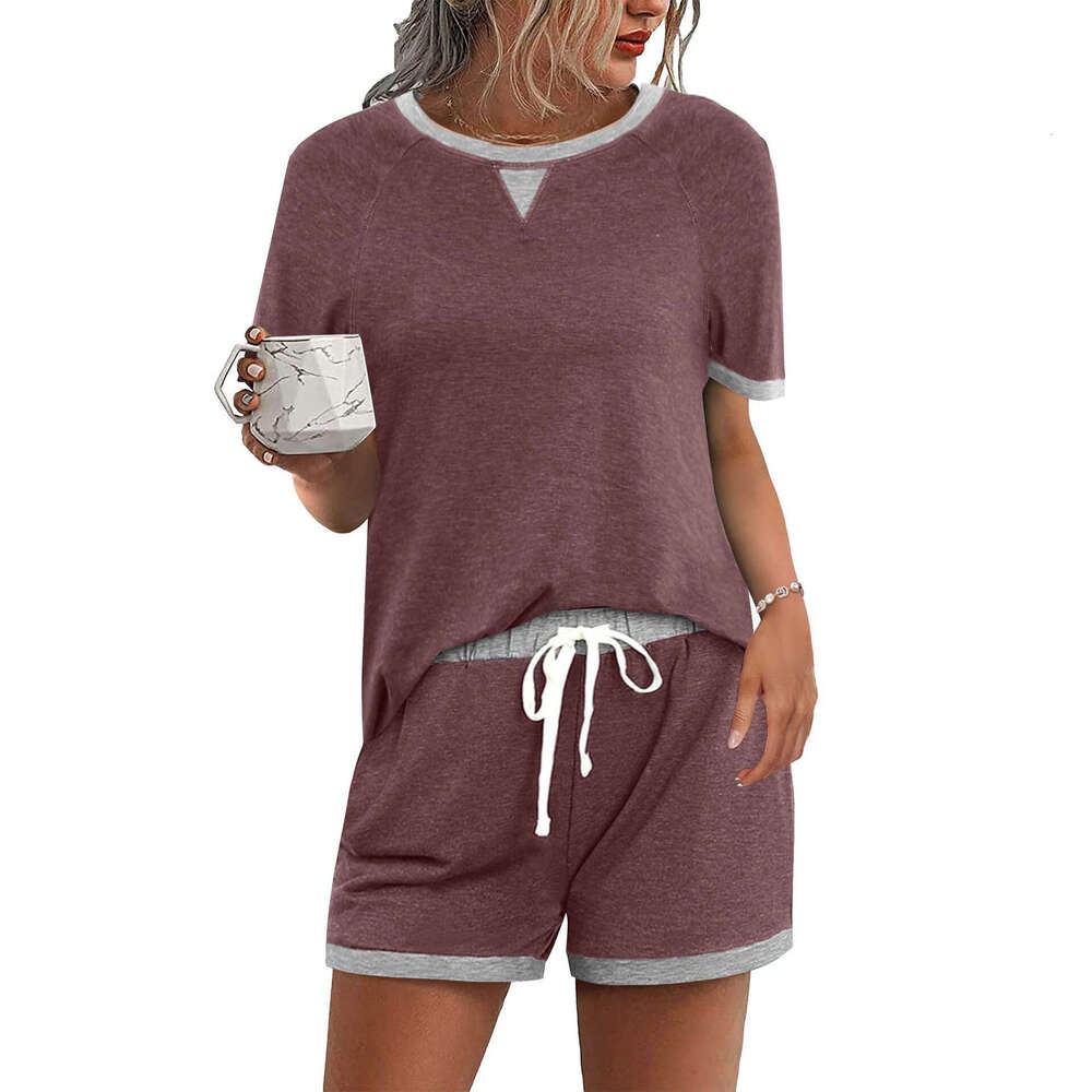 2025 Spring/Summer European and American Women's Comfortable Color blocked T-shirt Top Shorts Two piece Set New Casual Versatile Fashion Clothing