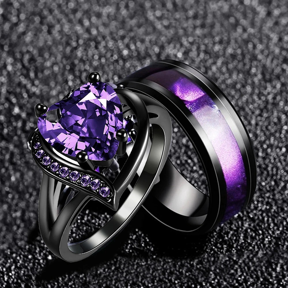 Fashion Couple Rings Romantic Women Heart Purple s Zircon Ring Trendy Men Stainless Steel Wedding Band Jewelry 250110