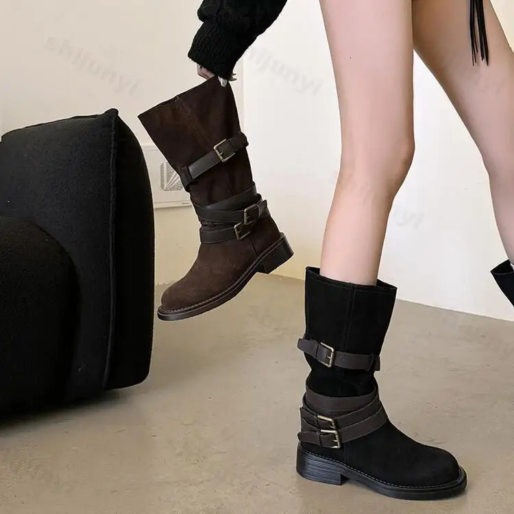Pleated Buckle Knight Boots for Women Autumn Faux Suede Brown Midcalf Woman SlipOn Thick Heel Booties Botas De Mujer 250117
