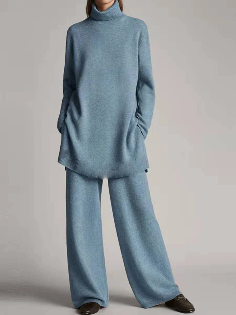 Thin spring Solid Color long Pants Set Loose Turtleneck Pullover Wide Legs Trousers Two Piece Female Casual Suit 250109