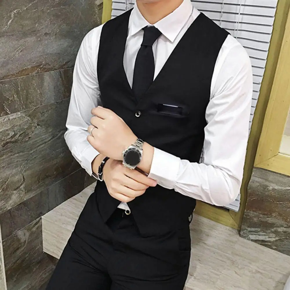 Men Suit Vest V Neck Sleeveless Solid Color Waistcoat Slim Fit Singlebreasted Cardigan Formal Business Coat Groom Wedding 250114Z