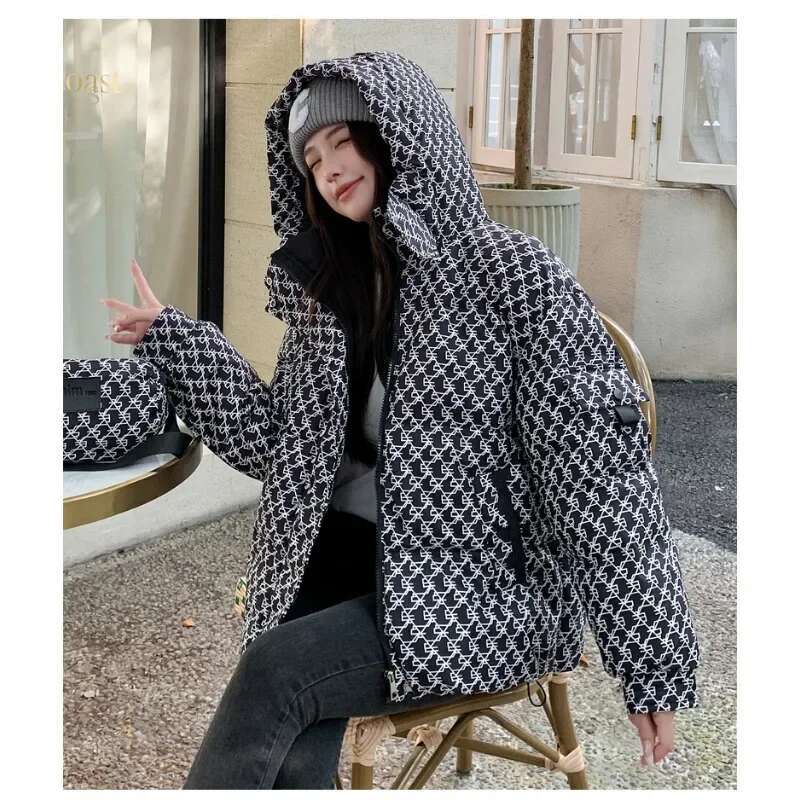 Women's Green Plaid Hooded Jacket, Spliced Outerwear, Zipper Parka, Casual Warm Puffer Coat, Female Fashion, Winter, New, 2024