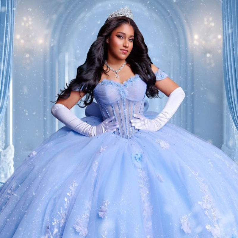 Sky Blue Shiny Quinceanera Dresses Ball Gown Off The Shoulder Applique Flower Beading Tull Party Birthday Sweet 16 Vestidos De 15 Anos