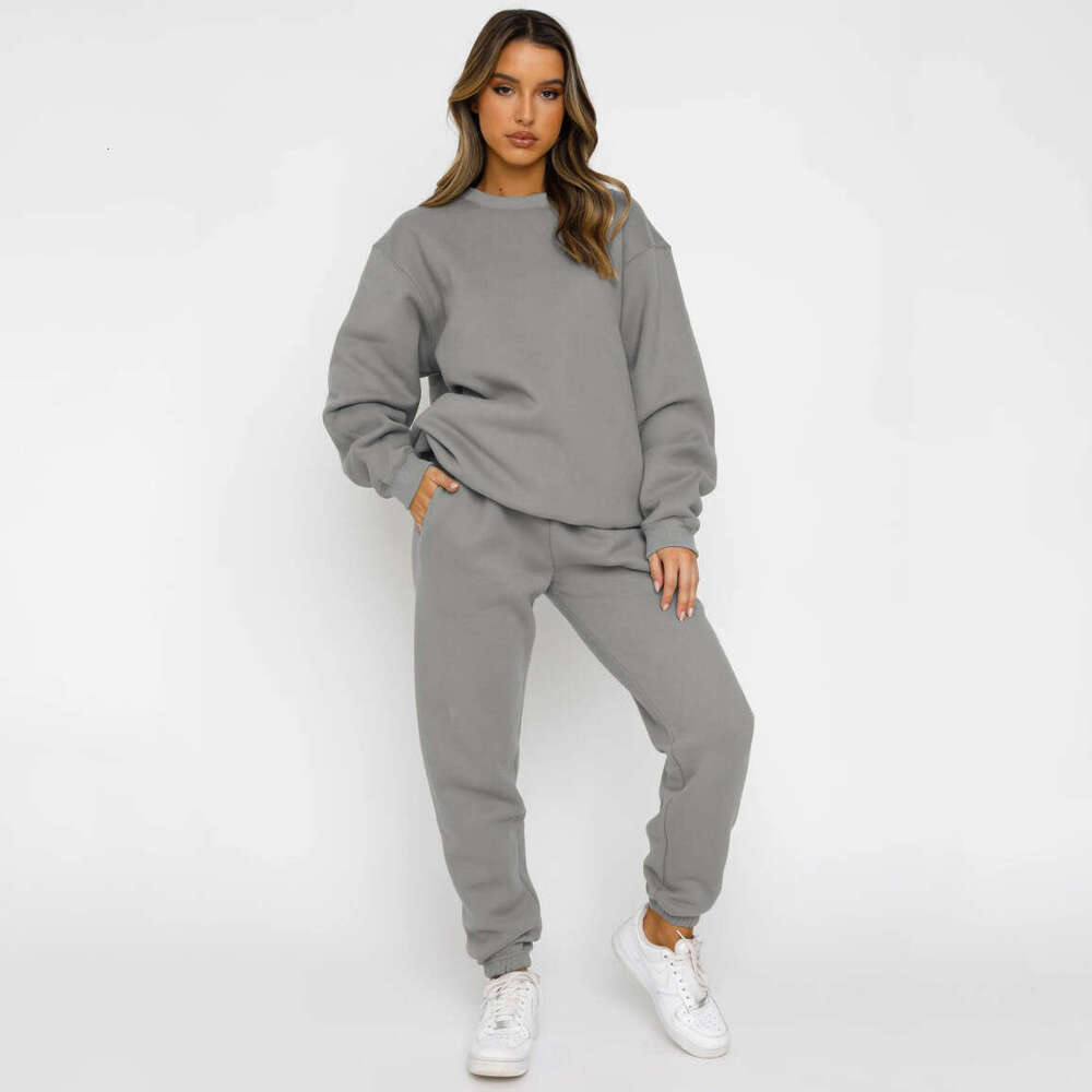 European American autumn and winter solid color round neck pullover pants women's fashion casual long sleeved sweatshirt set 2025 temperament ver