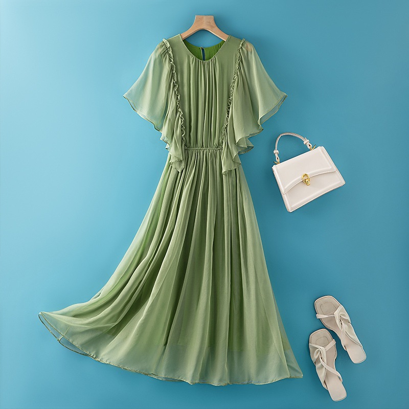 K3210 Mulberry silk waist slimming solid color dress fairy flying sleeves silk skirt female niche long summer sweet solid color