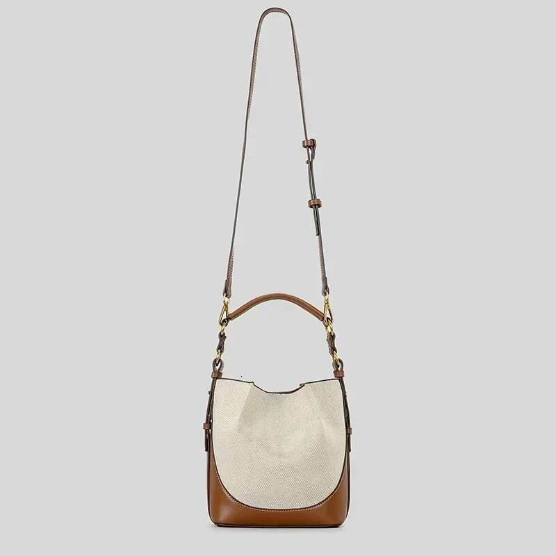 New Fashion Splicing Canvas Bucket Bag Designer Women's Handbag Pu Leather Shoulder Width Strap Handbag