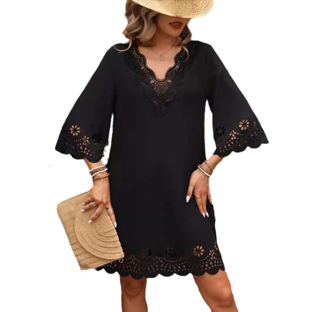 European and American Summer Women's Sexy Lace V-neck Hollow Dress 2025 Versatile New Trendy Clothing Ins