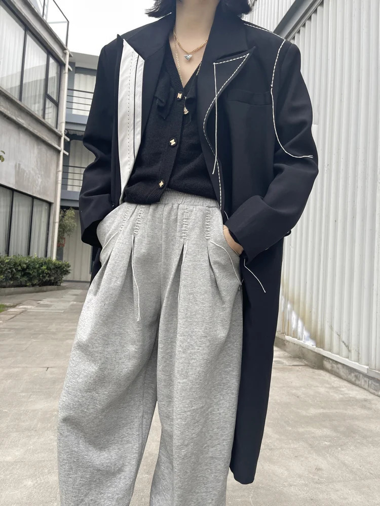 DEAT Fashion Womens Trench Coat Top Contrast Color Double Chest Long Sleeve Windproof Spring Style 20A3504 250118