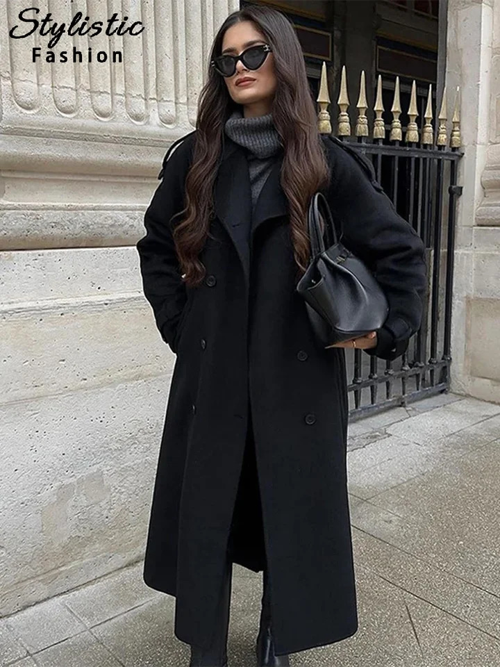 Street Long Trench Coat With Belt Women Black Loose Lapel Double Breasted Full Sleeve Overcoat Autumn Winter Lady Outwear 250118