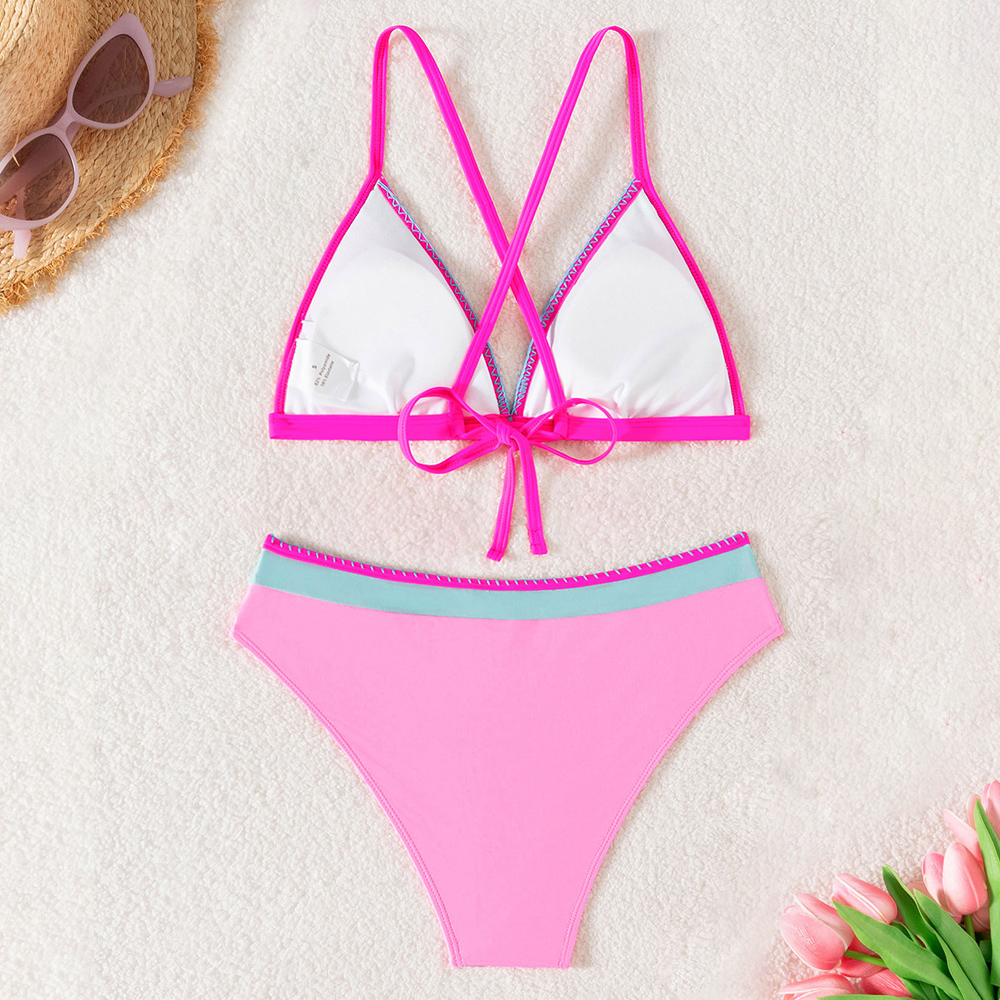Contrast Piping Color Block Criss Cross Back High Waist Modest Coverage V Neck Pink Bikini Set